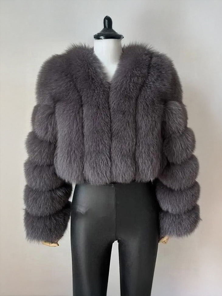 Faux Fur Coat V-Neck Long Sleeves Winter Eco-friendly Fur Crop Jacket For Women 2026