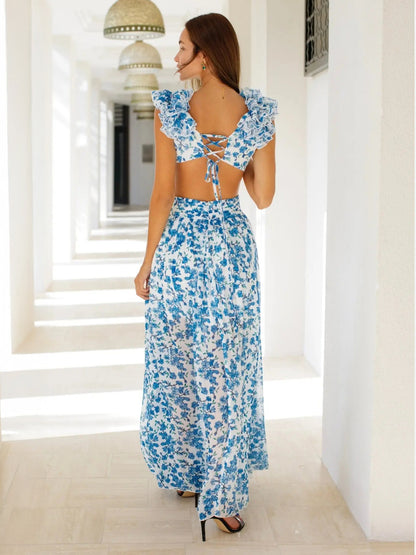 Flowy Flower Dress Plunge High-Slit Backless Maxi Boho Dresses