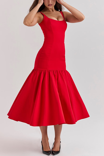 Graceful Silhouette Square Neck Wide Strap Drop Waist Midi Dress