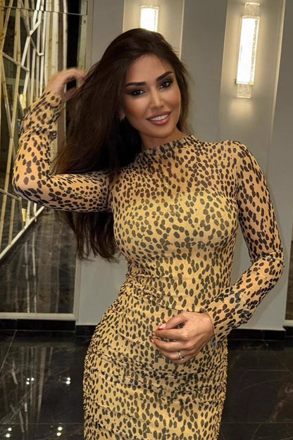 Slim Fit Leopard Print Fashionable Maxi Dress