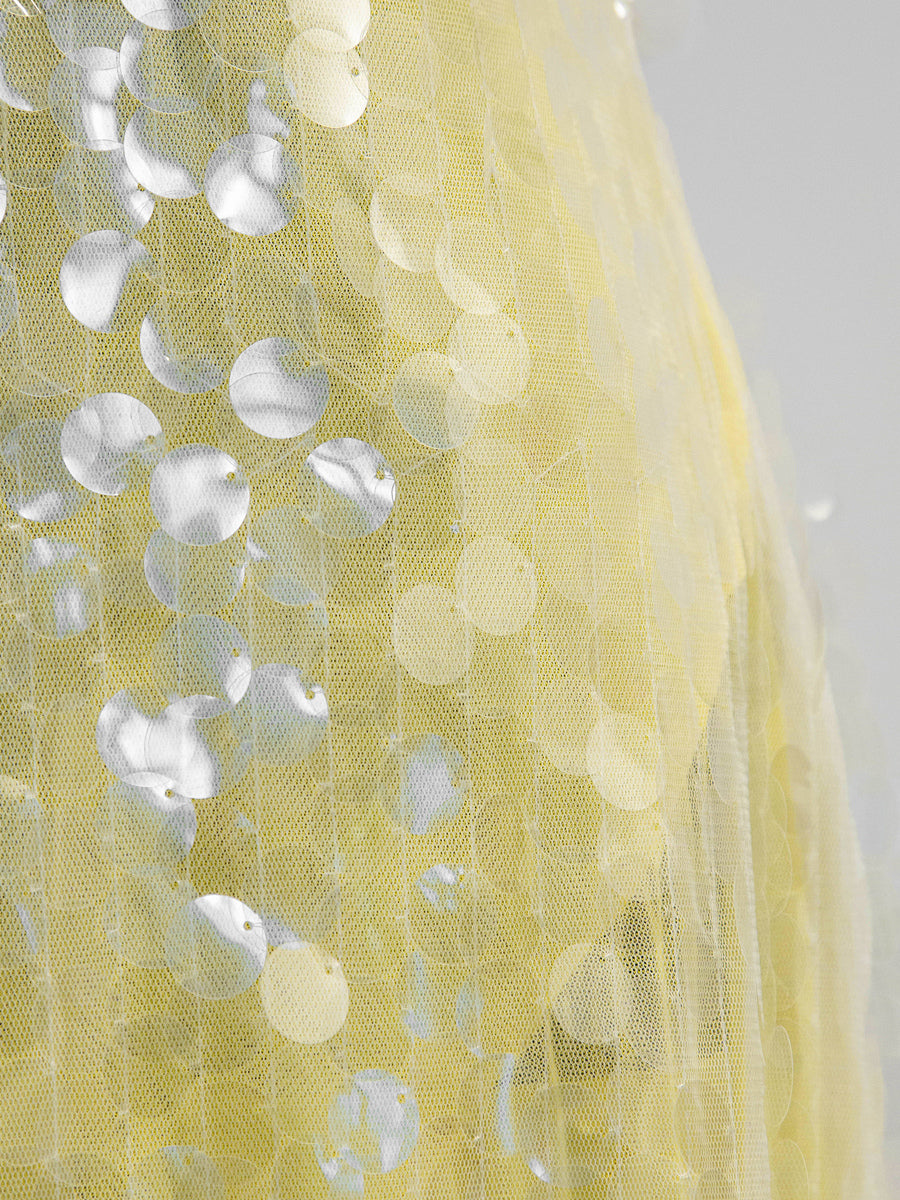 Sequin Sheer Maxi Slip Dress for Women - Butter Yellow Boho Backless V Neck Mermaid Cut Evening Gown - Summer Beach 2026