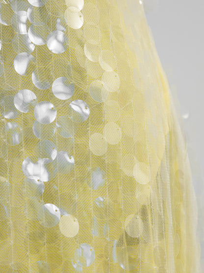 Sequin Sheer Maxi Slip Dress for Women - Butter Yellow Boho Backless V Neck Mermaid Cut Evening Gown - Summer Beach 2026