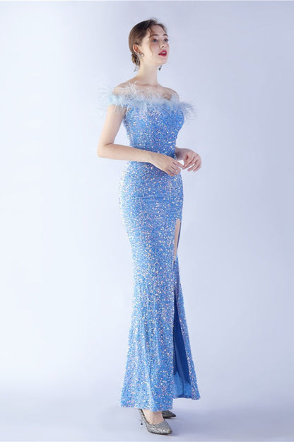 Velvet Sequin Ostrich Feather Off Shoulder Formal Dress