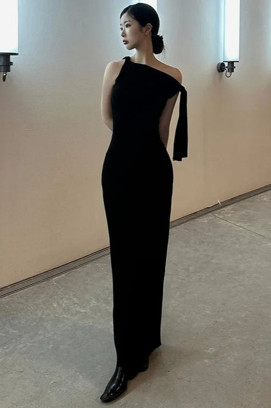 Boat Neck One-Shoulder Draped Sash Column Maxi Dress