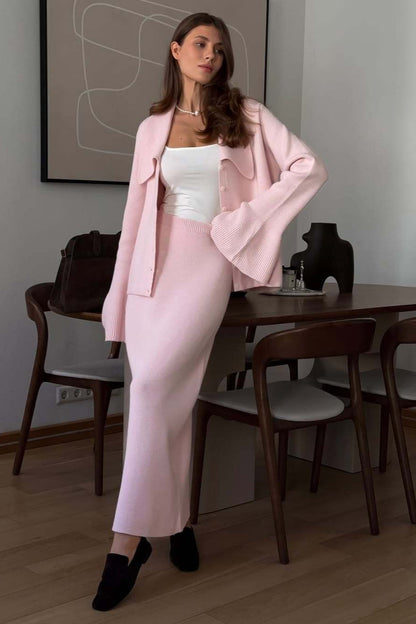 Bell-Sleeve Pink Polo Collar Cardigan Straight Skirt Two Piece Set