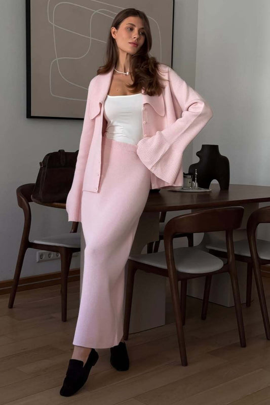 Bell-Sleeve Pink Polo Collar Cardigan Straight Skirt Two Piece Set