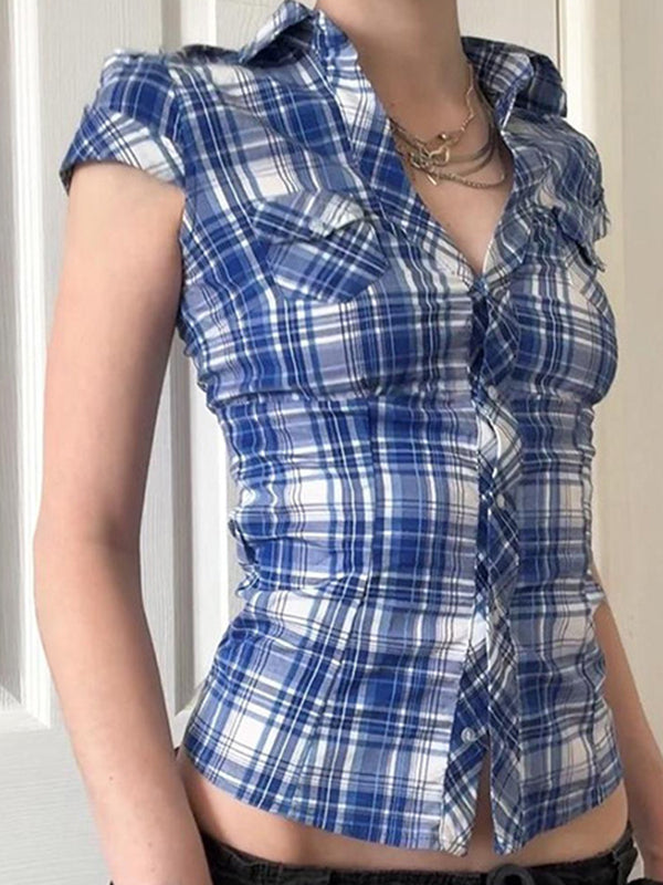 Blue Vintage Plaid Print Short Sleeves Shirts