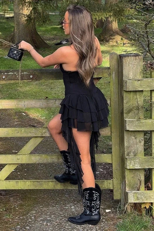 Deep V-Neck Halter Corset Bodice Tiered Mesh Ruffle Hem Mini Romper