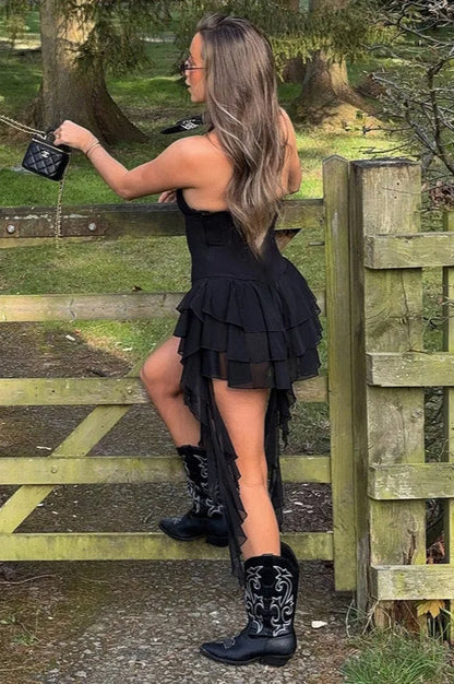 Deep V-Neck Halter Corset Bodice Tiered Mesh Ruffle Hem Mini Romper