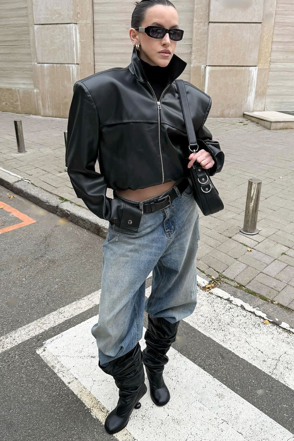 High Neck Leather Moto Jacket