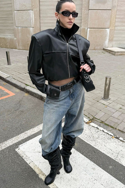 High Neck Leather Moto Jacket