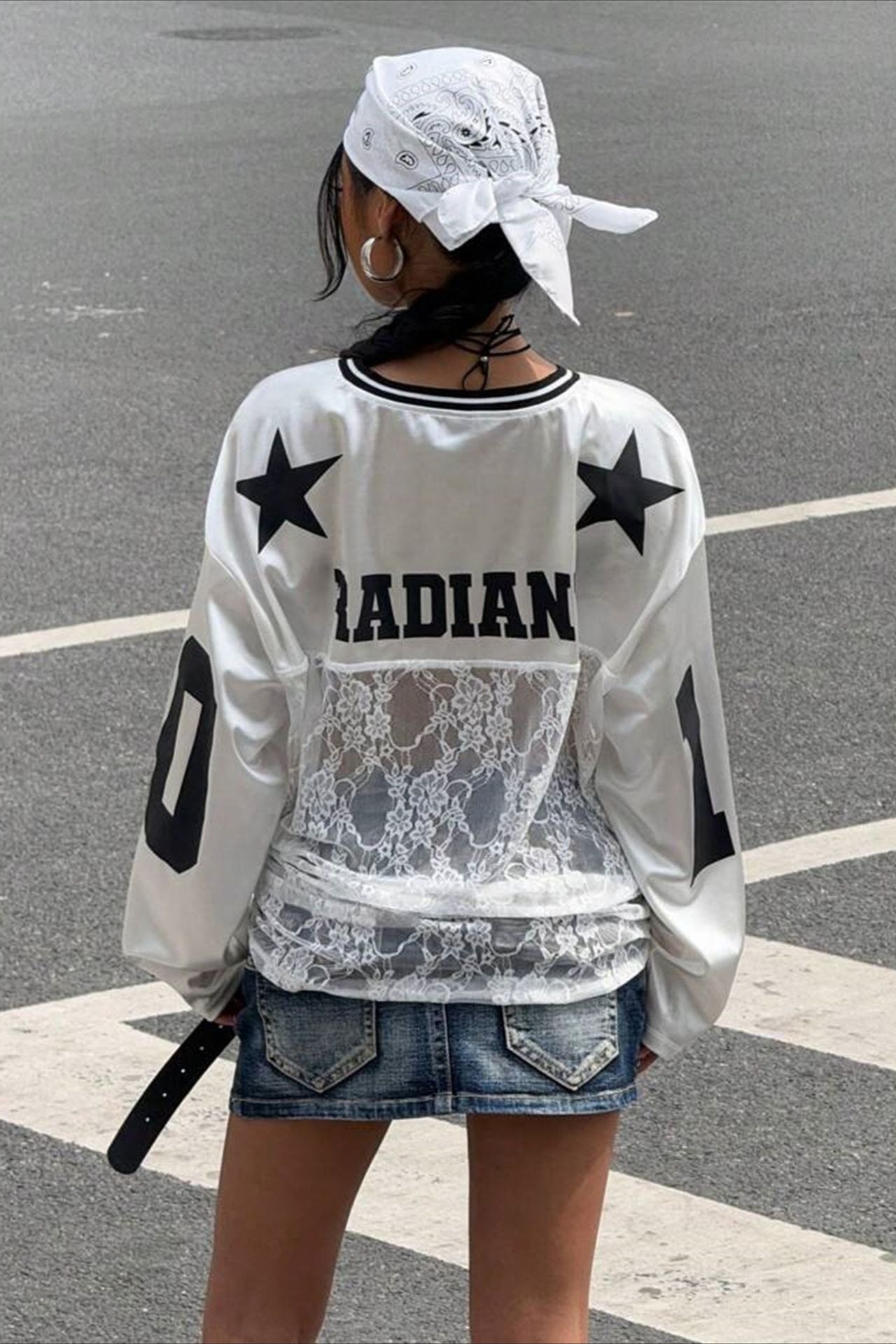 Lace Sheer V Neck Print Sweatshirt