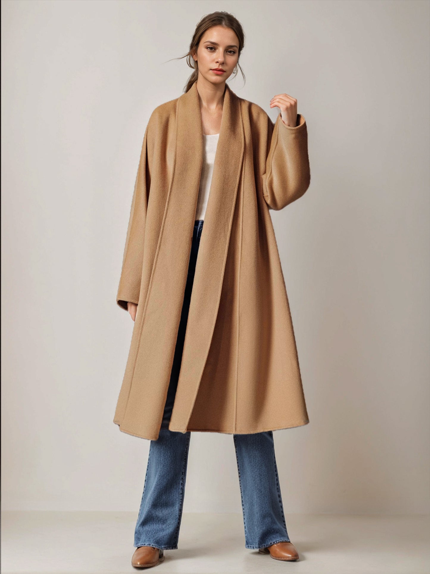 Burgundy Wool Cashmere Blend Wrap Coat For Woman Lapel Elegant Belted Double-Faced Winter Outerwear 2026