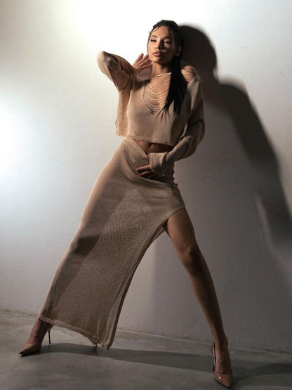 Sexy Slit Dress Tassel Hollow Out Cutout Sweater Coord Set