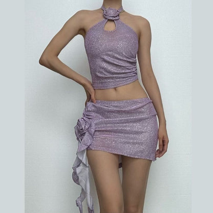 Solid halter flower applique hollow out textured mini skirt set