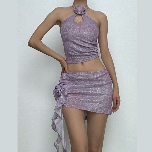 Solid halter flower applique hollow out textured mini skirt set