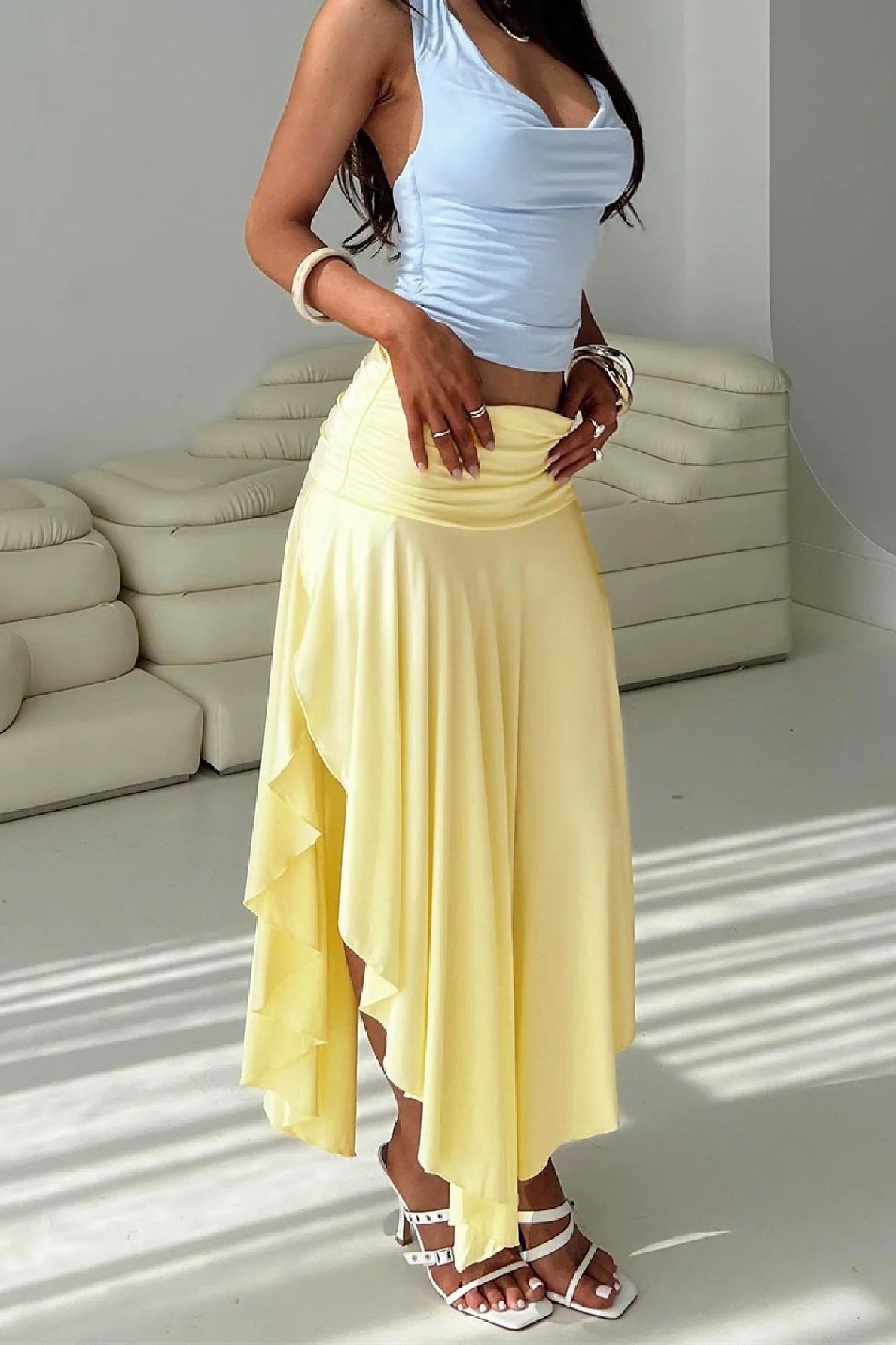 Wrinkled High Waist Asymmetrical Split Skirt