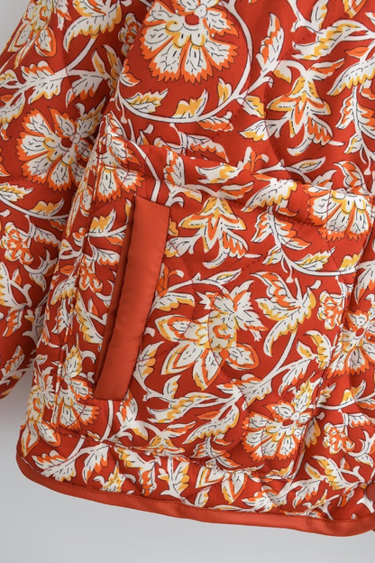 V-neck Floral Print Loose Quilted Cotton Jacket