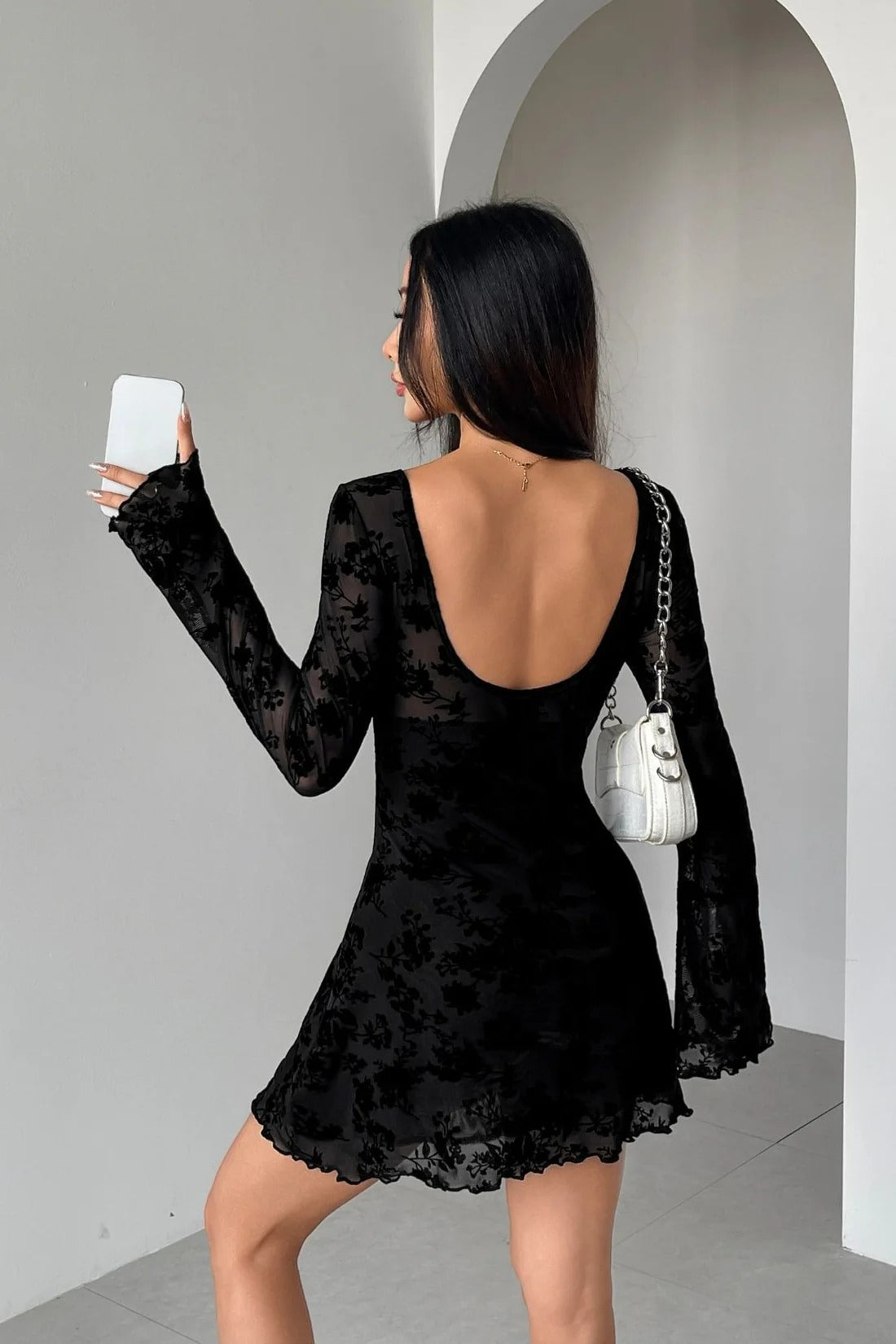 Scoop Neck Bow Tie Keyhole Cutout Burnout Velvet Floral Bell Sleeve Mini Dress