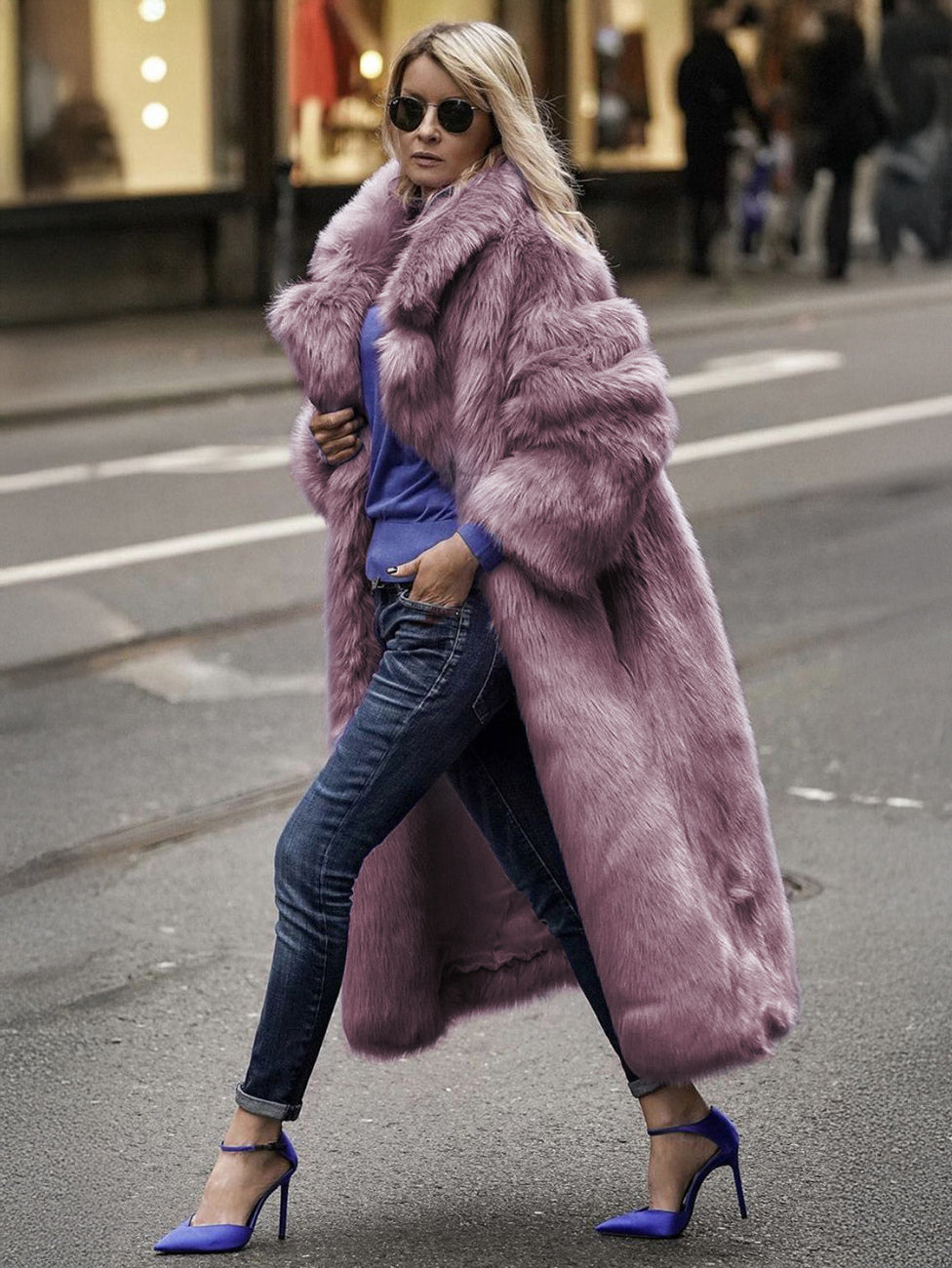 Faux Fur Coat With Notched Lapel Solid Color Eco-friendly Winter Long Jacket For Women 2026