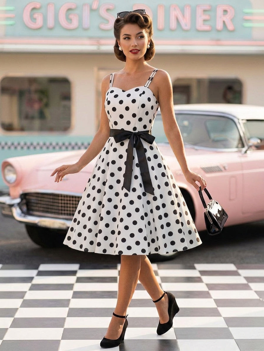 Polka Dot Vintage Midi Swing Dress for Women - 1950s A-Line Belted Rockabilly Slip Sun Dress - Summer Holiday Party 2026