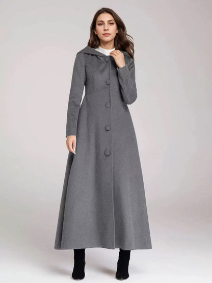 Wool Blend Coat With Hood Dark Navy A-line Flared Maxi Outerwear For Women 2026
