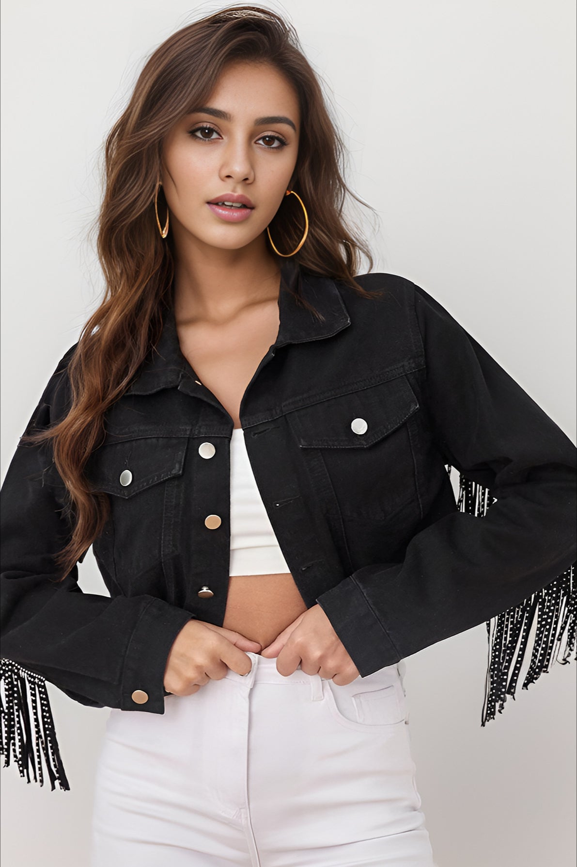 Beaded Fringe Raw Hem Denim Coat