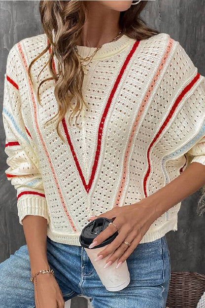 Apricot Striped Crew Neck Pullover Knit Sweater