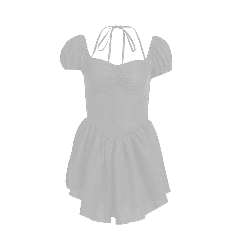 Short puff sleeve sweetheart neck ruched halter smocked mini dress