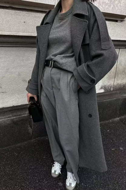 Double-Breasted Belted Slim-Fit Woolen Long Overcoat