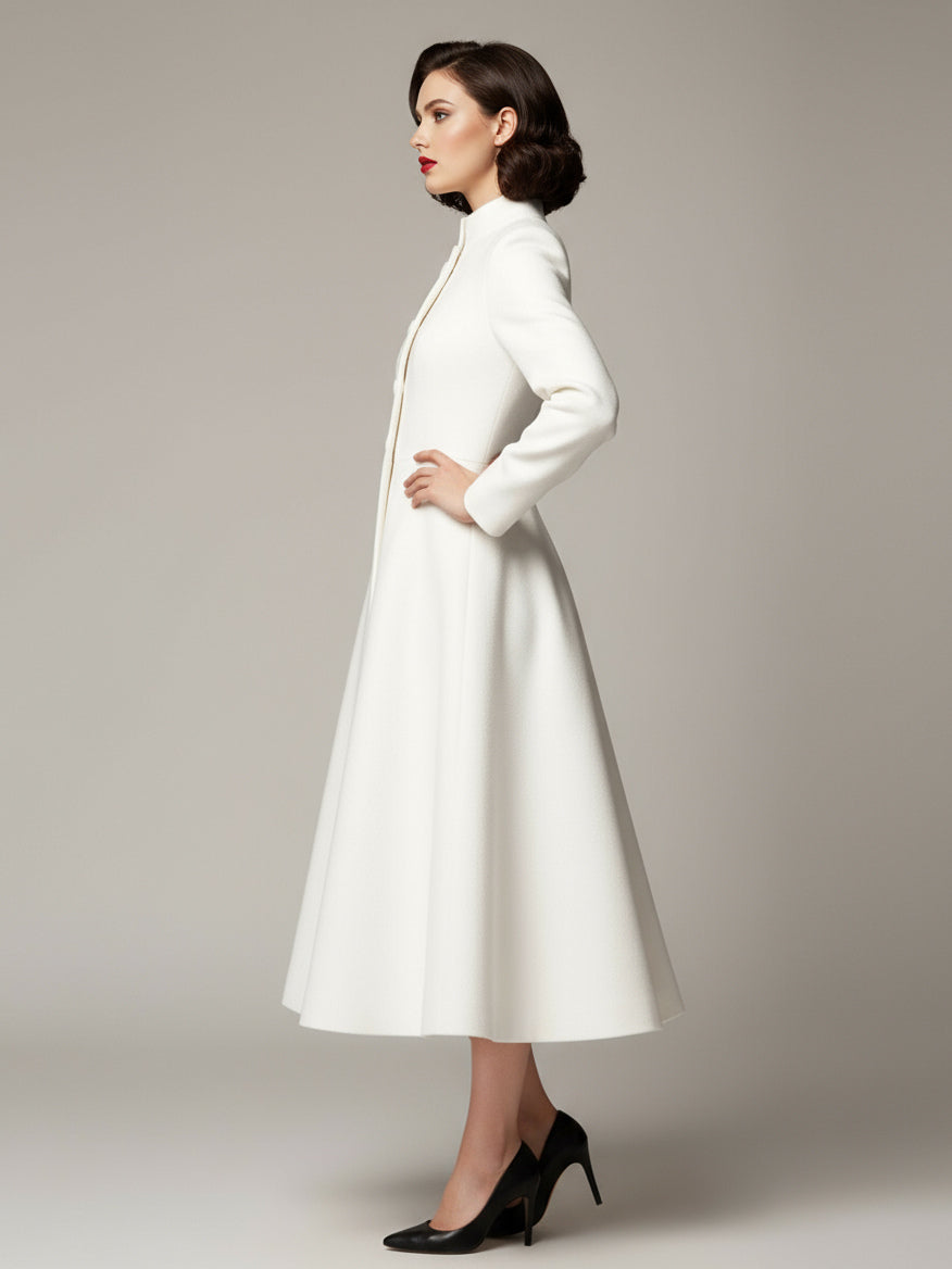 Vintage Stand-Collar A-line Woolen Flared Coat In White For Women 2026