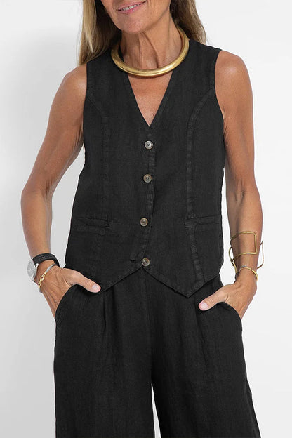 Women Casual Linen Waistcoat Two Set Suits