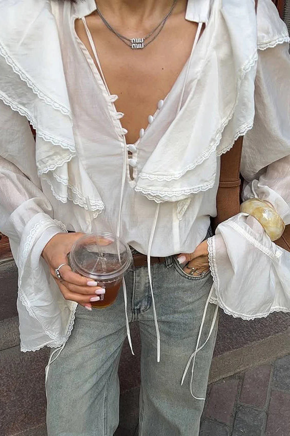 V-Neck Tie Lace Trim Blouse