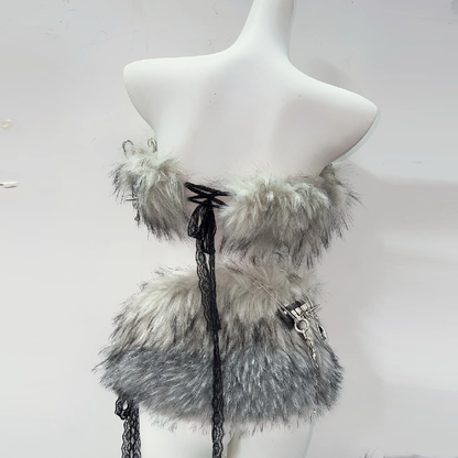 Fluffy metal chain tube mini skirt set
