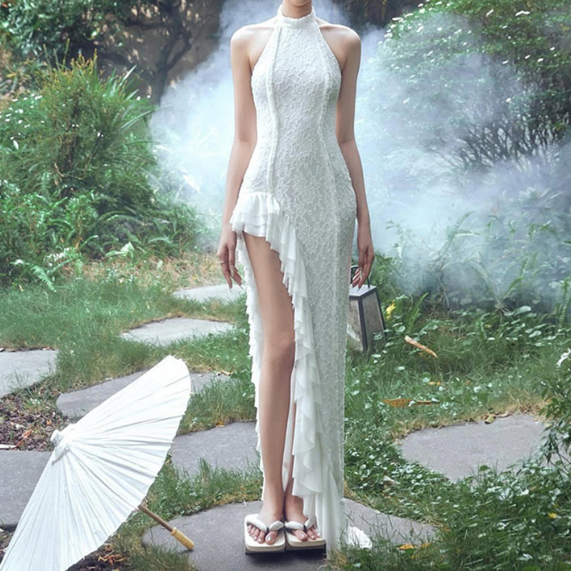 Halter slit ruffle irregular lace maxi dress