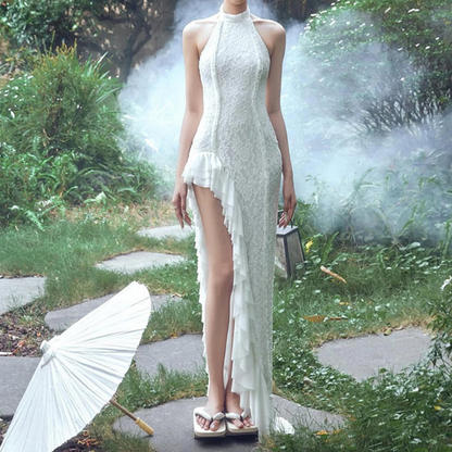 Halter slit ruffle irregular lace maxi dress