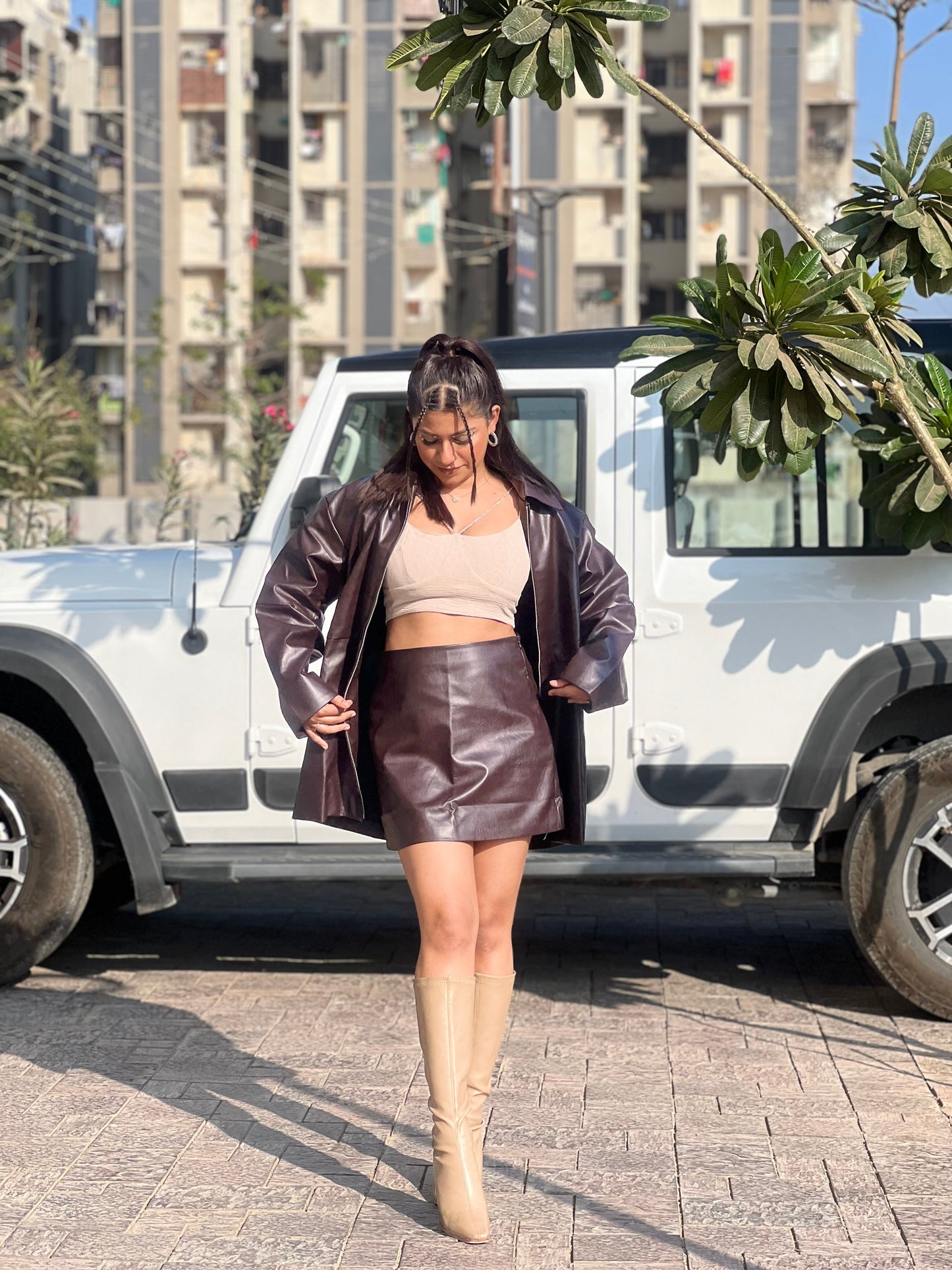 Leather Long Jacket & Short Skirt Coord Set