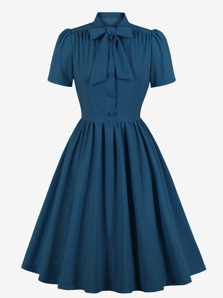 Vintage 1950s Midi Swing Tea Dress for Women - Bow Neck Short Sleeve Fit and Flare Rockabilly Gown - Garden Party 2026
