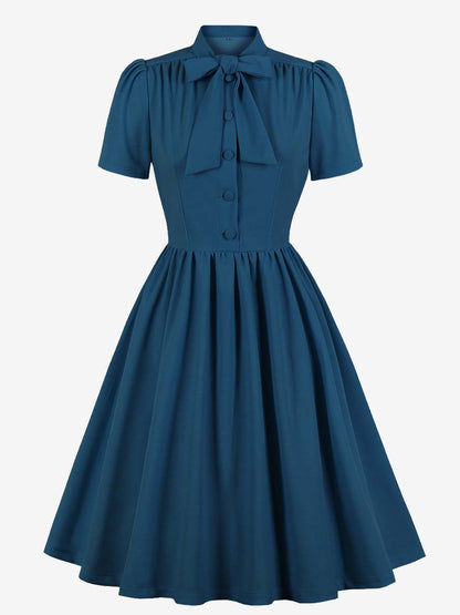 Vintage 1950s Midi Swing Tea Dress for Women - Bow Neck Short Sleeve Fit and Flare Rockabilly Gown - Garden Party 2026