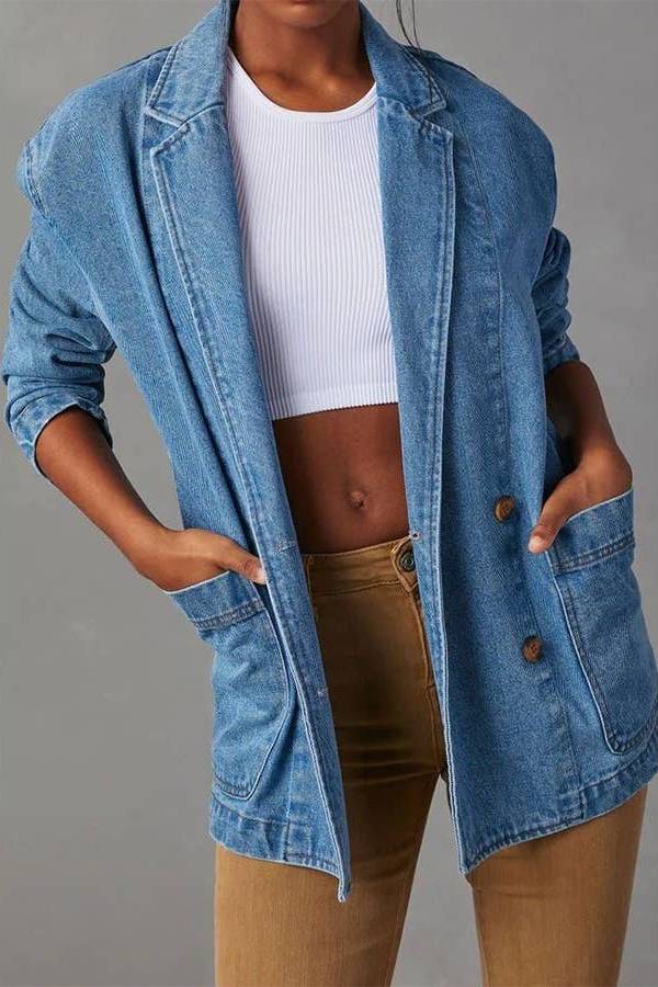 Notch Lapel Button Front Pocketed Denim Blazer