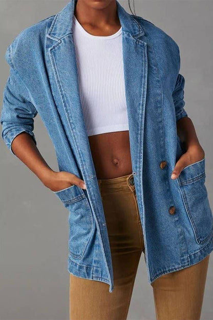 Notch Lapel Button Front Pocketed Denim Blazer