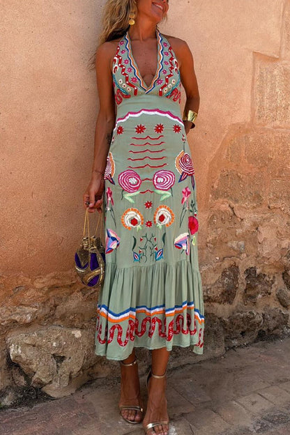 V-neck Casual Oil Painting Print Art Suspender Dress