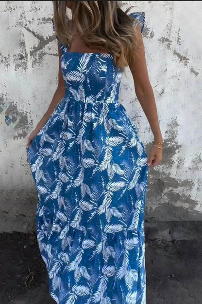 Elegant Hollow Tie Feather Print Ruffle Sleeve Maxi Dress