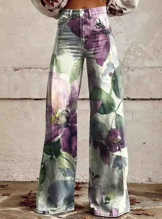 Women's Wide-Leg Printed Jeans – Flared Statement Denim Trousers