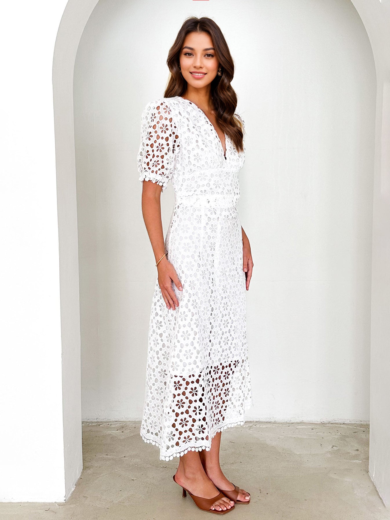 Lace Dress V-neck Puff Sleeve A-line Midi Dress For Women 2026