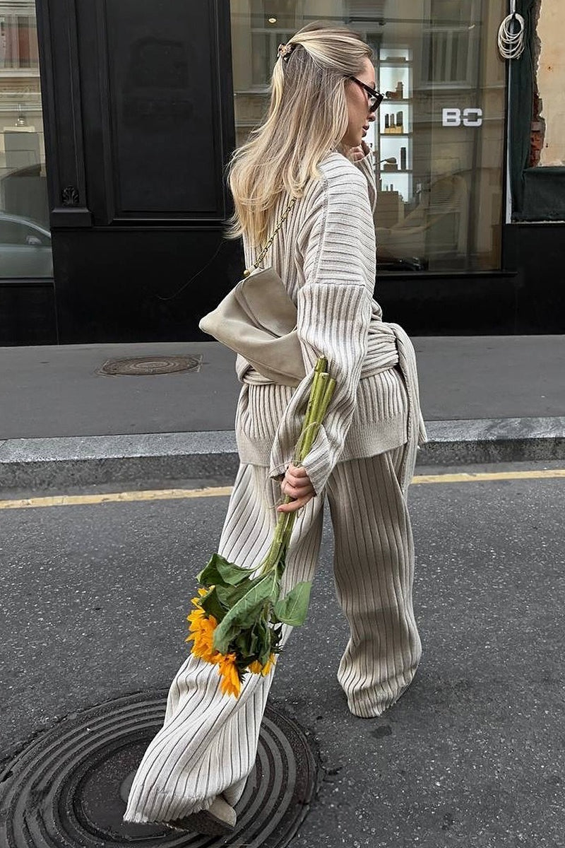 Relaxed Fit V Neck Ribbed Sweater with Pants Two Piece Pants Set