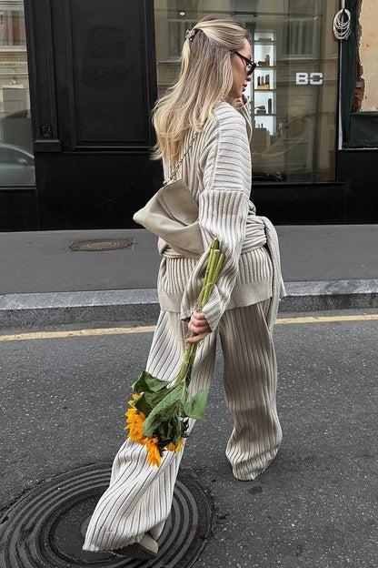 Relaxed Fit V Neck Ribbed Sweater with Pants Two Piece Pants Set