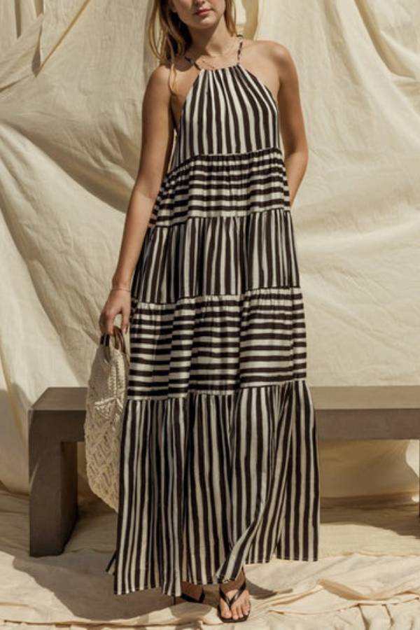 Sleeveless Stripe Maxi Tiered Dress
