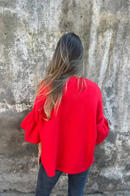 Fashionable Patchwork Round Neck Bell Sleeve Loose Jacket