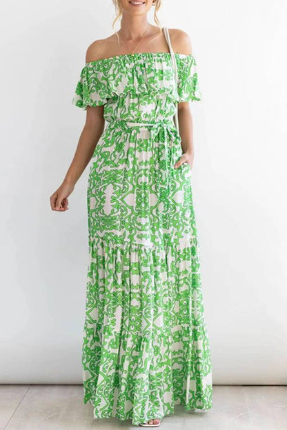 Off-shoulder short-sleeved printed ruffled maxi dress